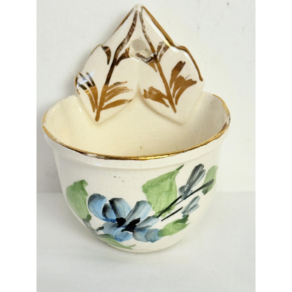 Vintage Floral Small Wall Pocket Ceramic Hand-Painted Gold Accents